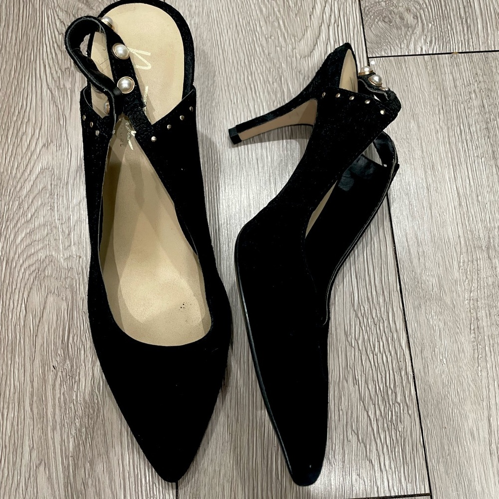 Nanette Lepore shoes black suede sling back heel with pearl detail 10